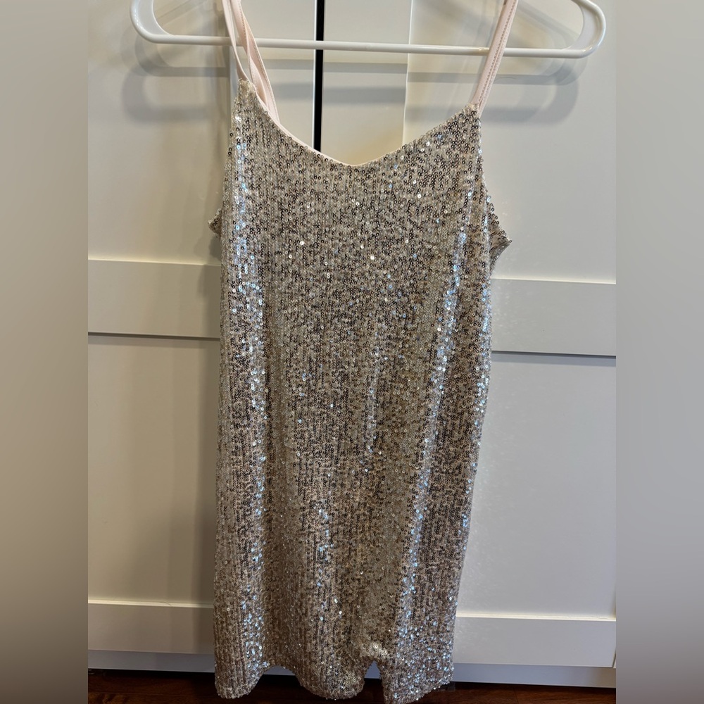 art class Sequin Dress in Champagne Beige with Silver Accents